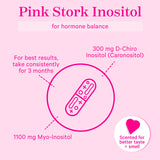 Graphic of supplement with lines pointing to key call outs about ingredients. Pink Stork Inositol for hormone balance.