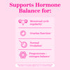 Graphics demonstrating benefits of Pink Stork Inositol. Supports hormone balance.