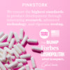 Overhead shot of a pile of supplement capsules. List of press logos that Pink Stork has been featured in. Based in USA.