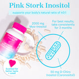 Pink Stork 40:1 Ratio Myo-Inositol + D-Chiro-Inositol laying on a clear prism with capsules spilled out around it. Pink Stork Inositol - support your body's natural ratio of 40:1. Graphic of supplement with lines pointing and explaining the ingredients.