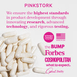 Pile of supplement capsules in the bottom left spread across the page. List of press that Pink Stork has been featured in. Women owned and women run.