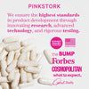 Pile of supplement capsules in the bottom left spread across the page. List of press that Pink Stork has been featured in. Women owned and women run.