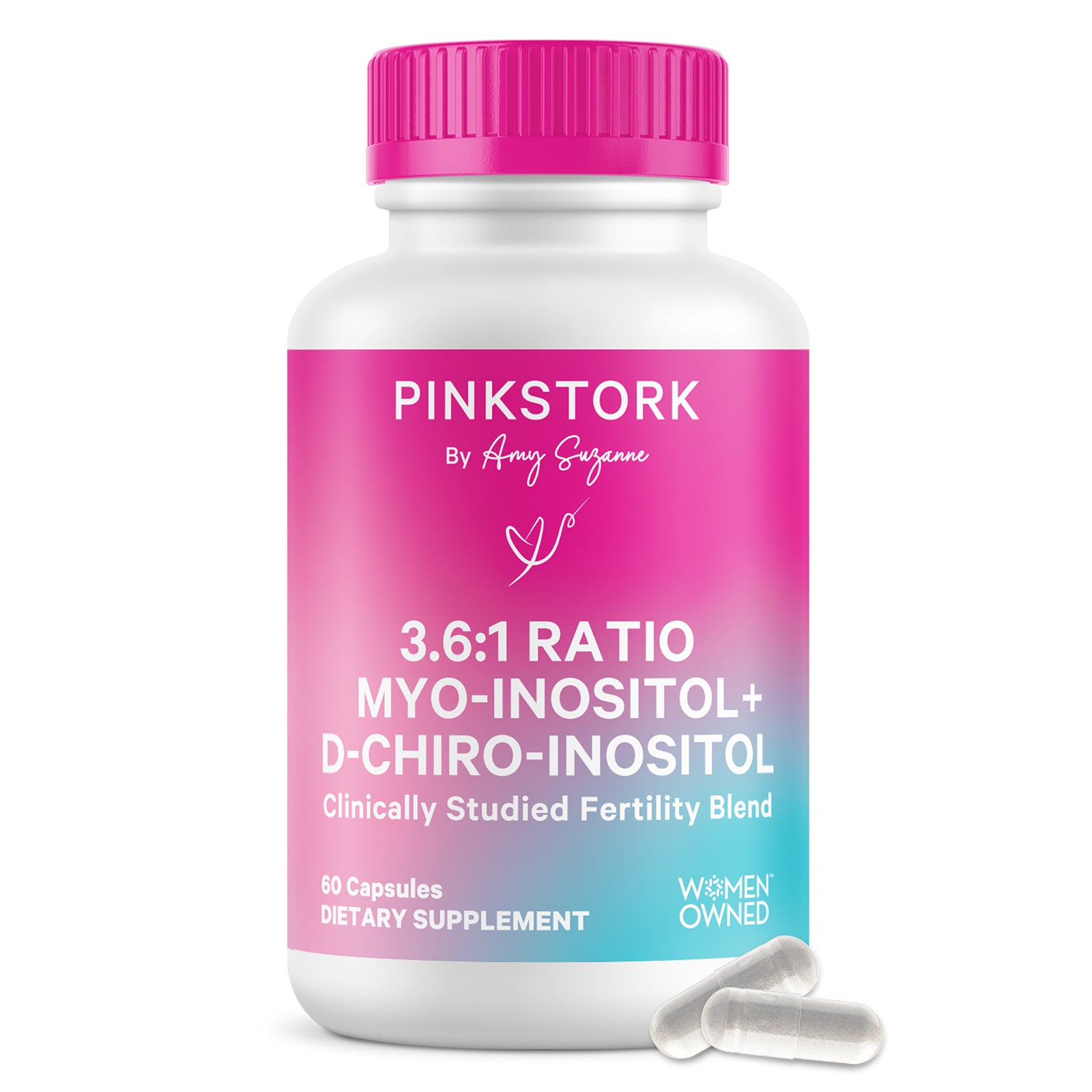 Supplement bottle with pink and white label on a white background