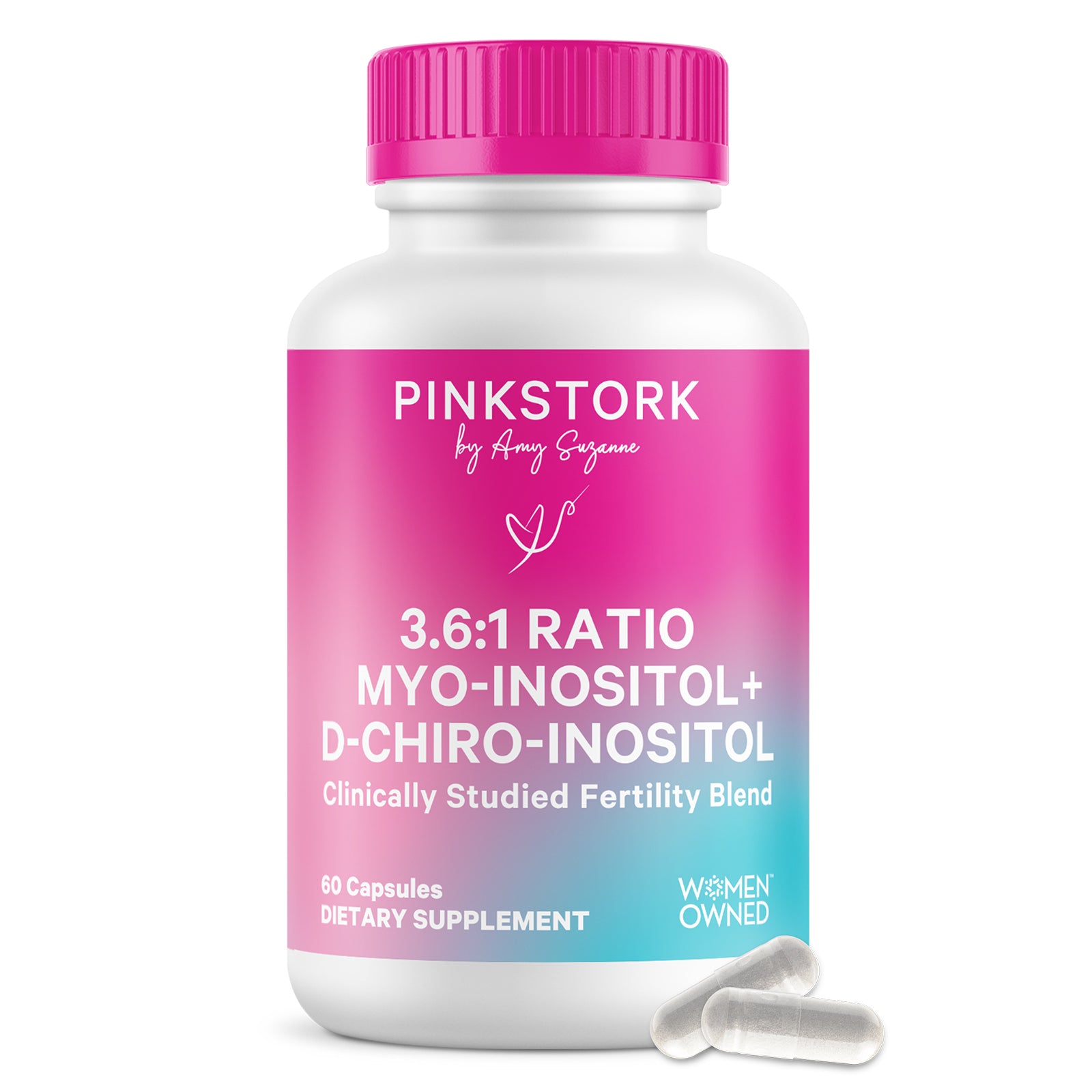 Supplement bottle with pink and white label on a white background