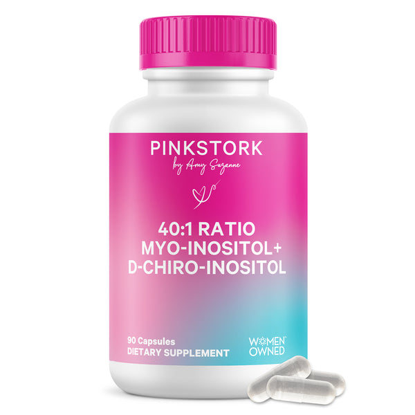 Pink Stork 40:1 ratio myo-inositol and D-chiro-inositol bottle, 90 capsules, women-owned brand, shown with three clear capsules in front of the bottle.