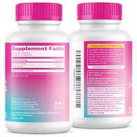 Two supplement bottles with pink caps and labels on a white background