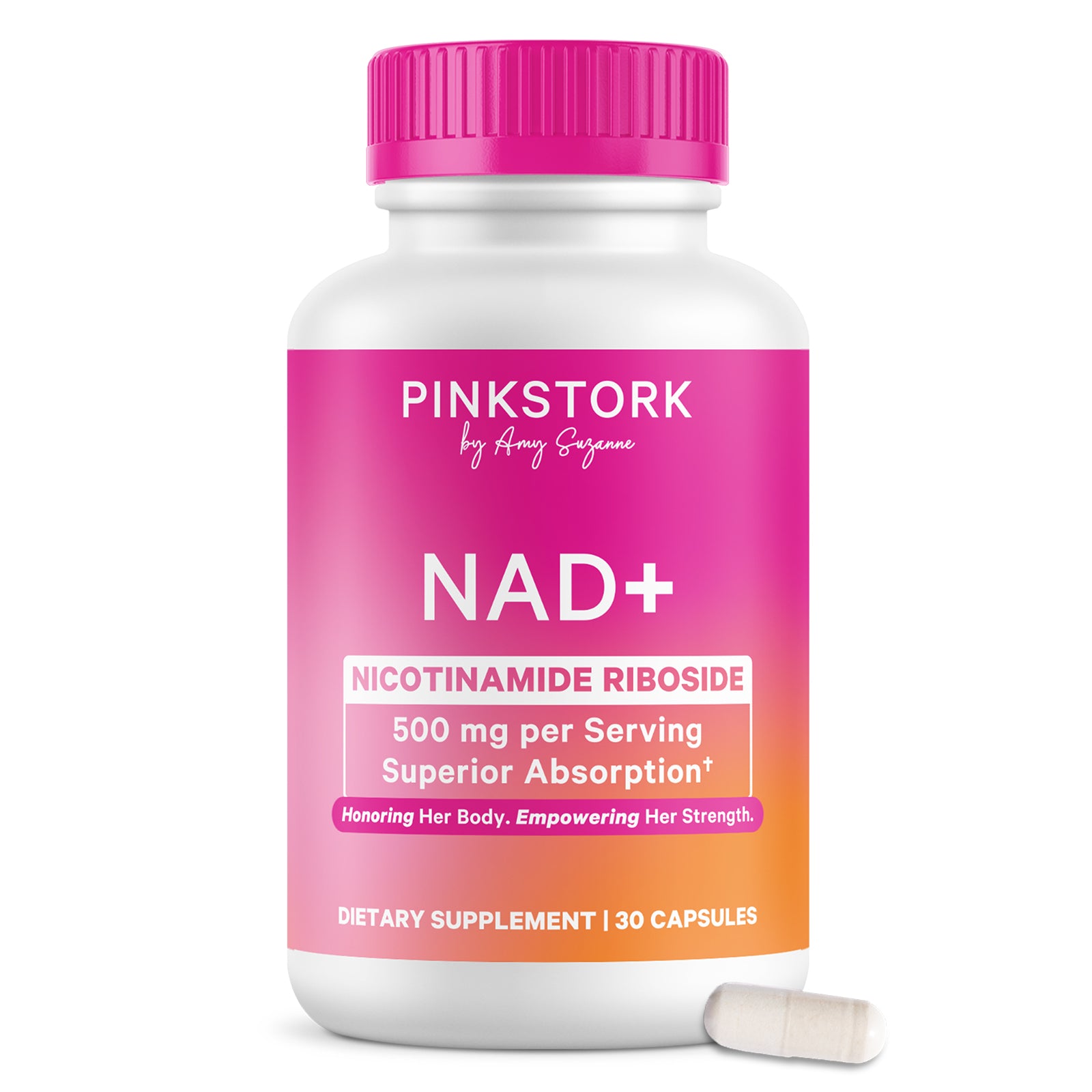 Pink Stork NAD+ dietary supplement bottle with pink cap on a white background