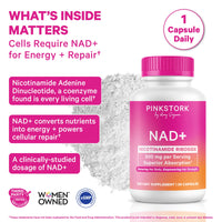 Pink Stork NAD+ supplement bottle with text about NAD+ function on a white background