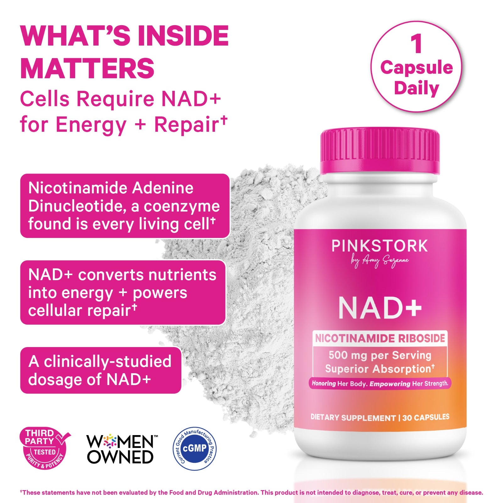 Pink Stork NAD+ supplement bottle with text about NAD+ function on a white background