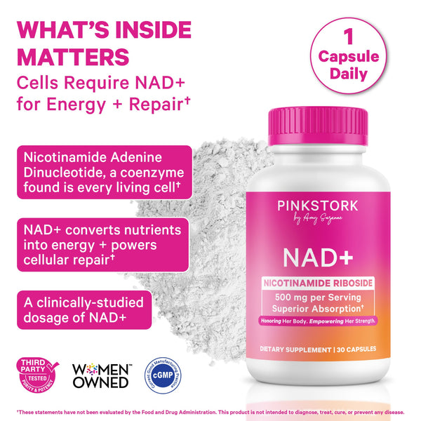 Pink Stork NAD+ supplement bottle with text about NAD+ function on a white background
