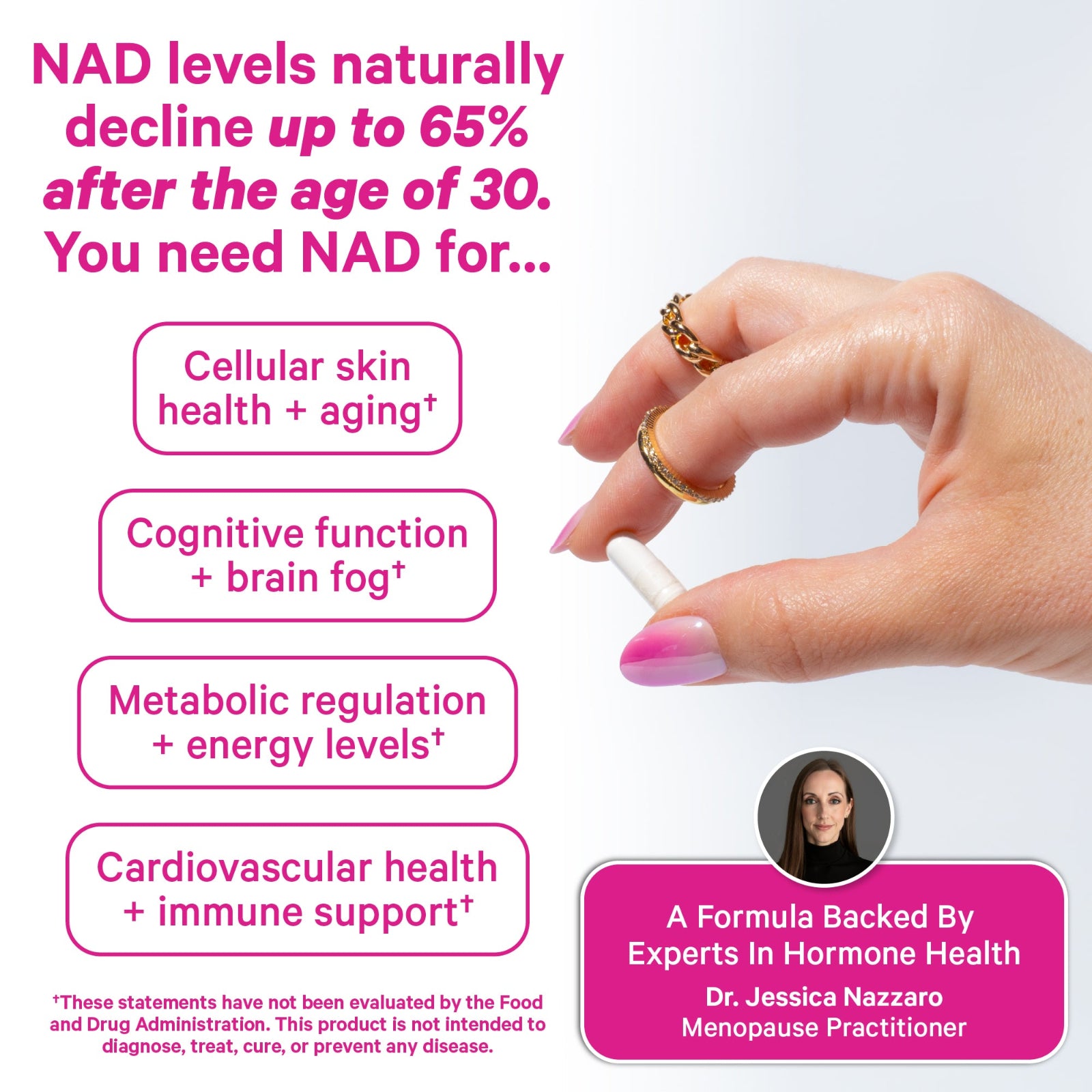 Hand holding a supplement with text about NAD levels and its benefits on a light purple background.