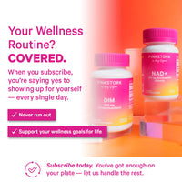 Pink Stork supplement bottles with promotional text on a gradient background