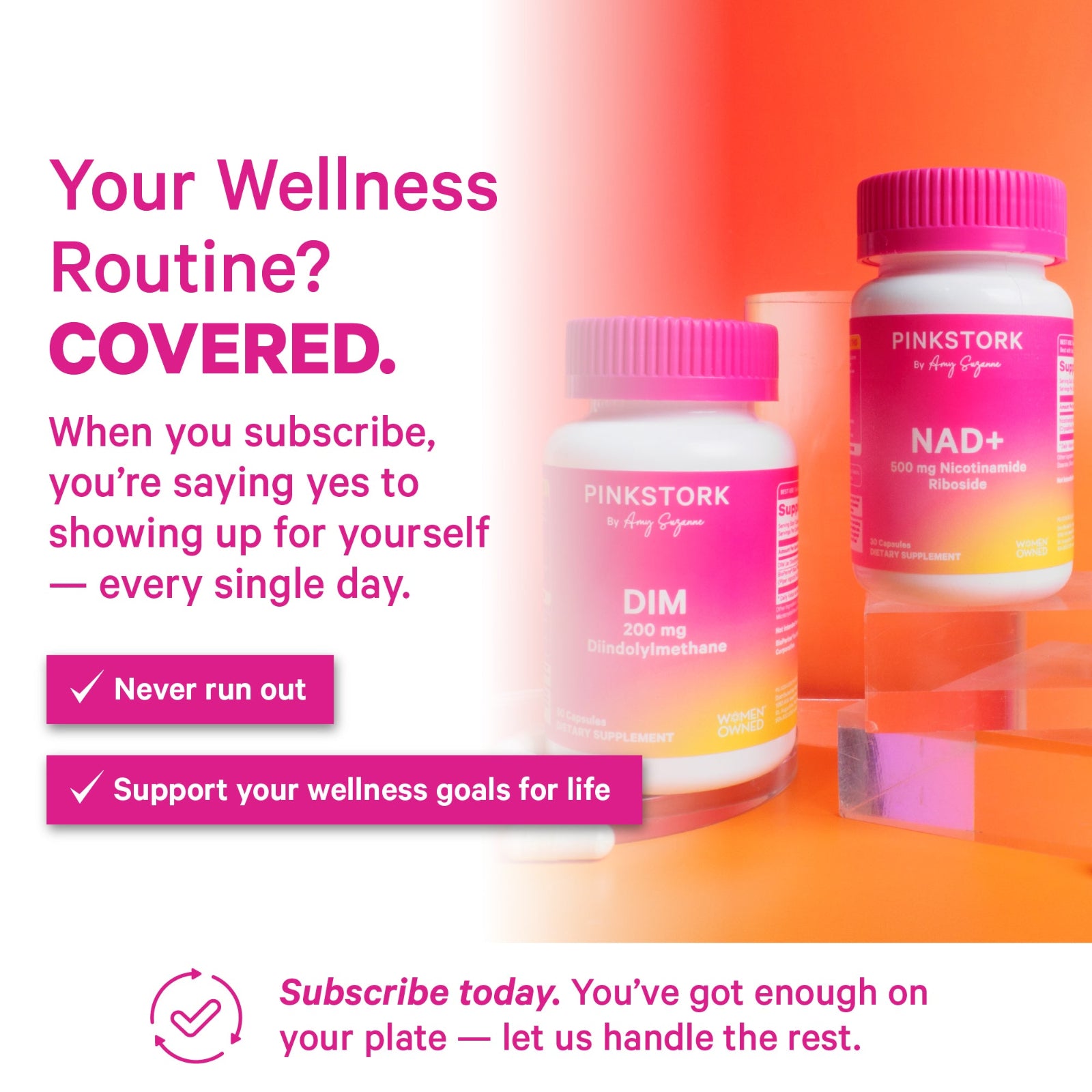 Pink Stork supplement bottles with promotional text on a gradient background