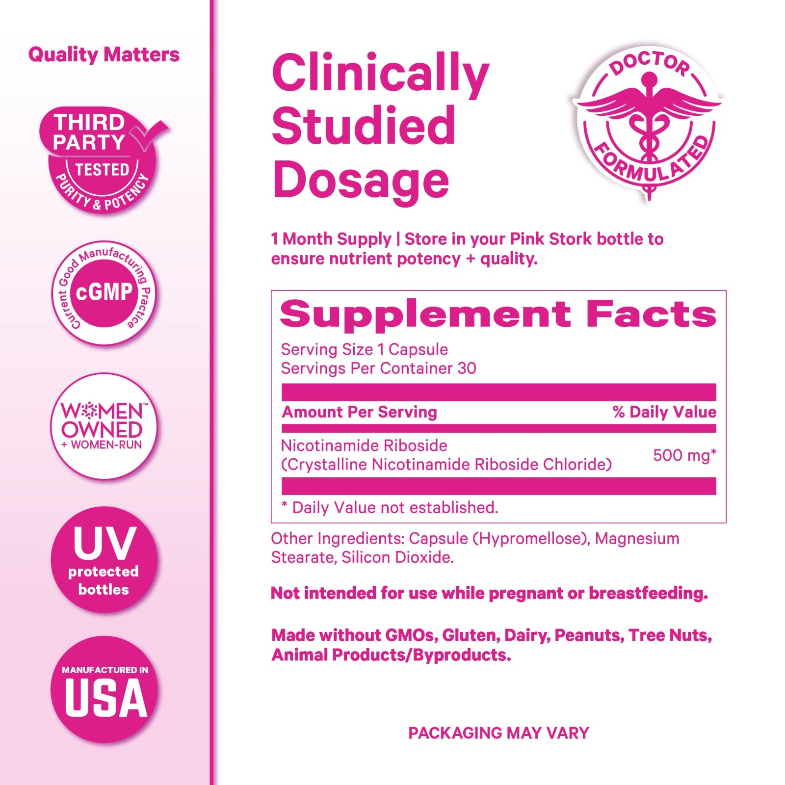 Supplement label with pink and white design, featuring 'Clinically Studied Dosage' and 'Third Party Tested' text.
