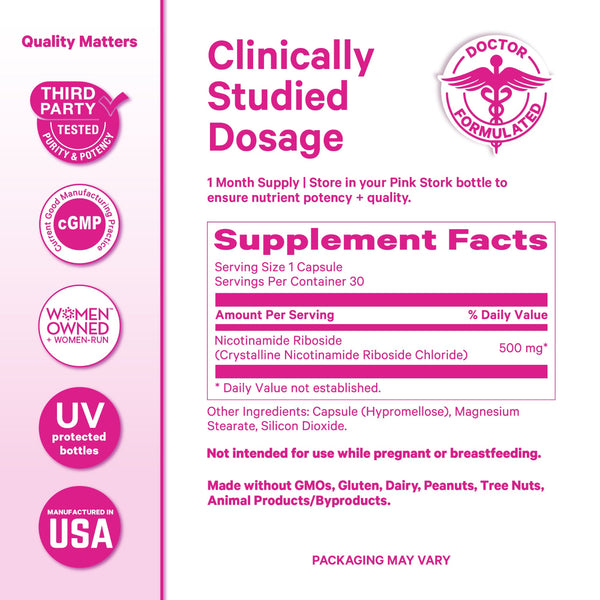 Supplement label with pink and white design, featuring 'Clinically Studied Dosage' and 'Third Party Tested' text.