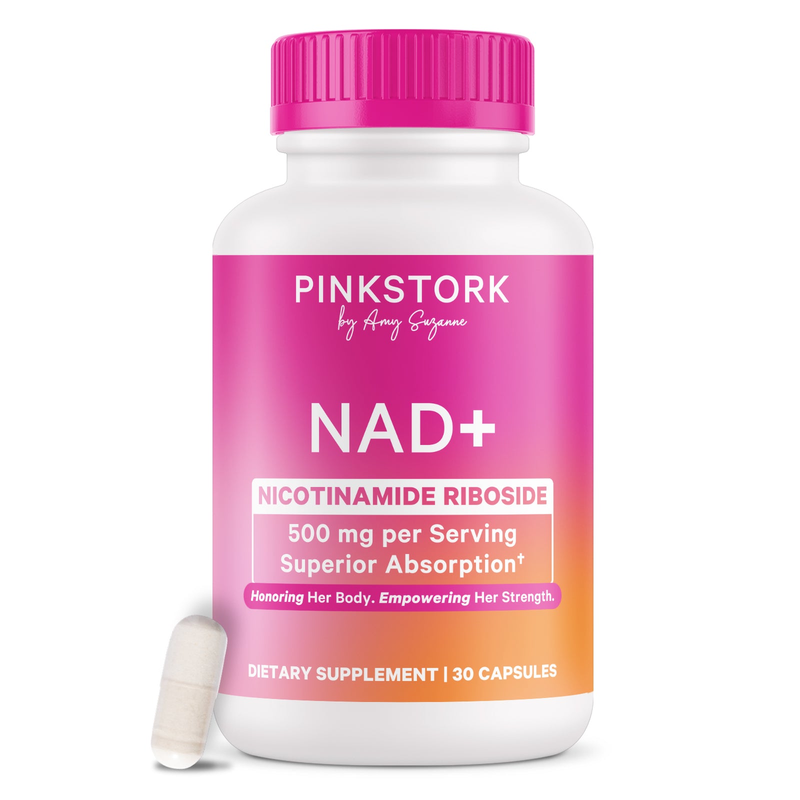 Pink Stork NAD+ bottle with pink label and cap, featuring nicotinamide riboside, 500 mg per serving, 30 capsules, shown with a single capsule beside the bottle.