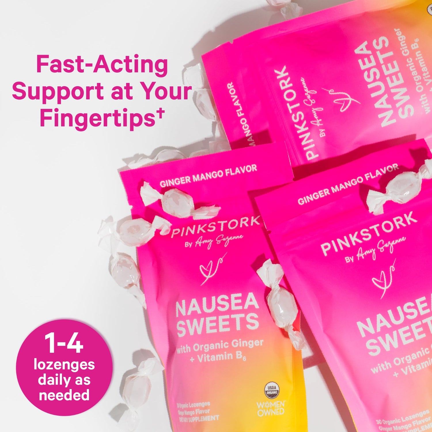 Pink Stork Nausea Sweets packages with promotional text on a white background