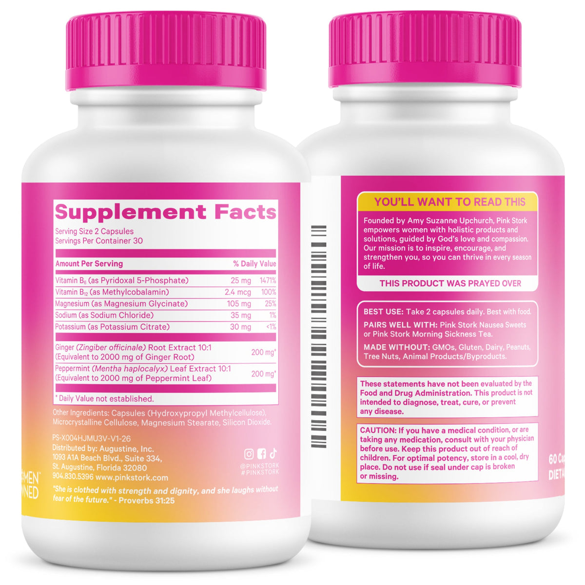 Two white supplement bottles with bright pink caps, showing the front and back labels of a product. The bottles are photographed on a clean white background.