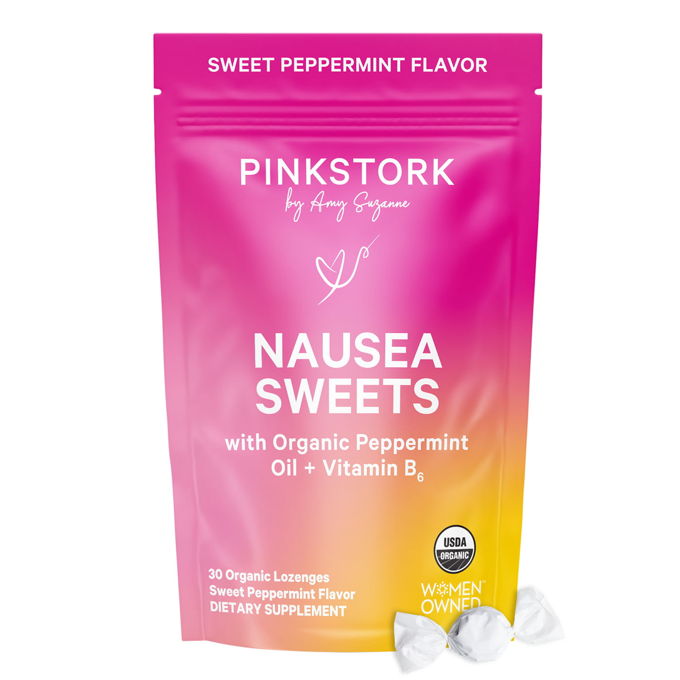 Pink Stork Nausea Sweets packaging with a pink and orange gradient on a white background.