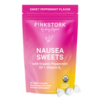 Pink Stork Nausea Sweets packaging with a pink and orange gradient on a white background.