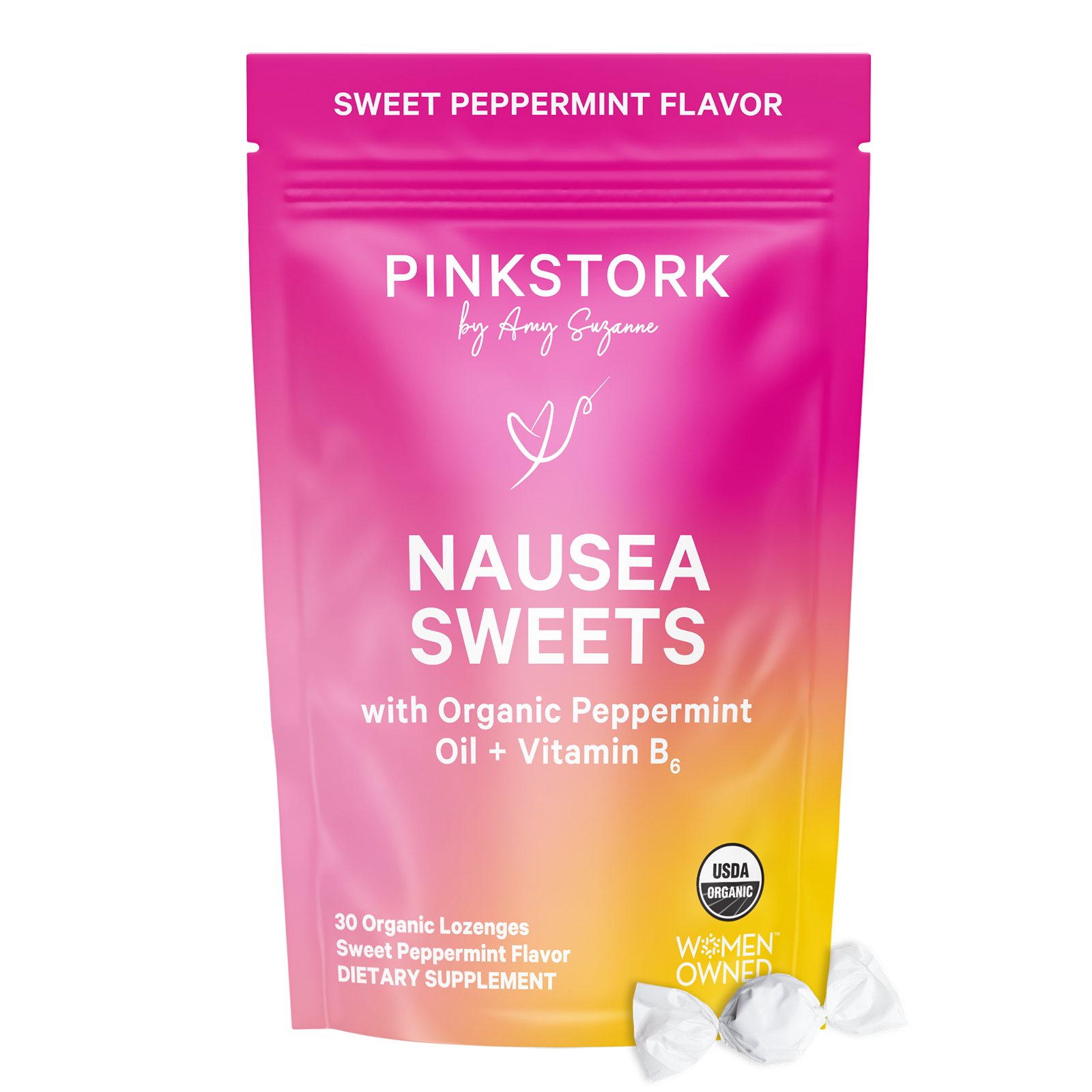 Pink Stork Nausea Sweets packaging with a pink and orange gradient on a white background.