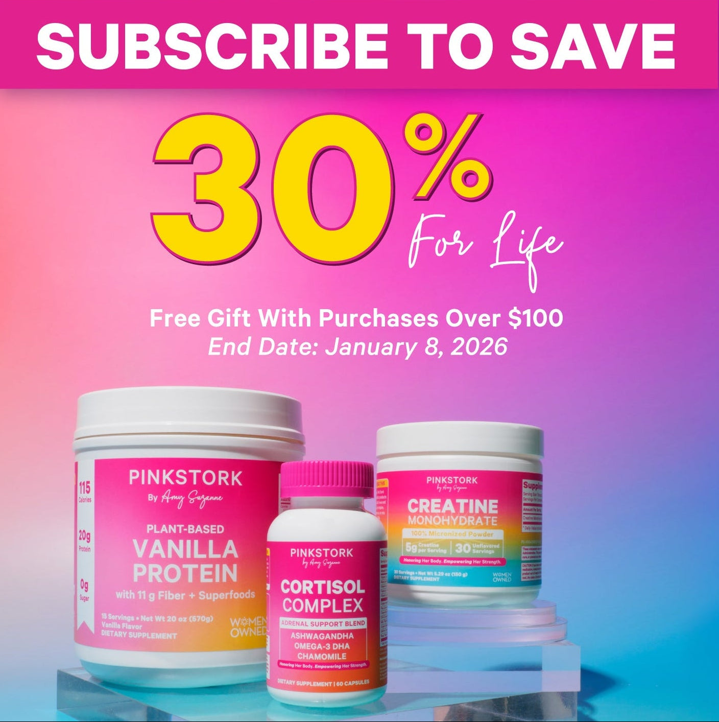 Pink Stork supplement products with promotional text on a gradient background