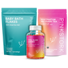 Pink Stork New Mom Gift Bundle. Baby Bath Flakes, Postpartum Recovery Tea, and Total Glow Gummies. 