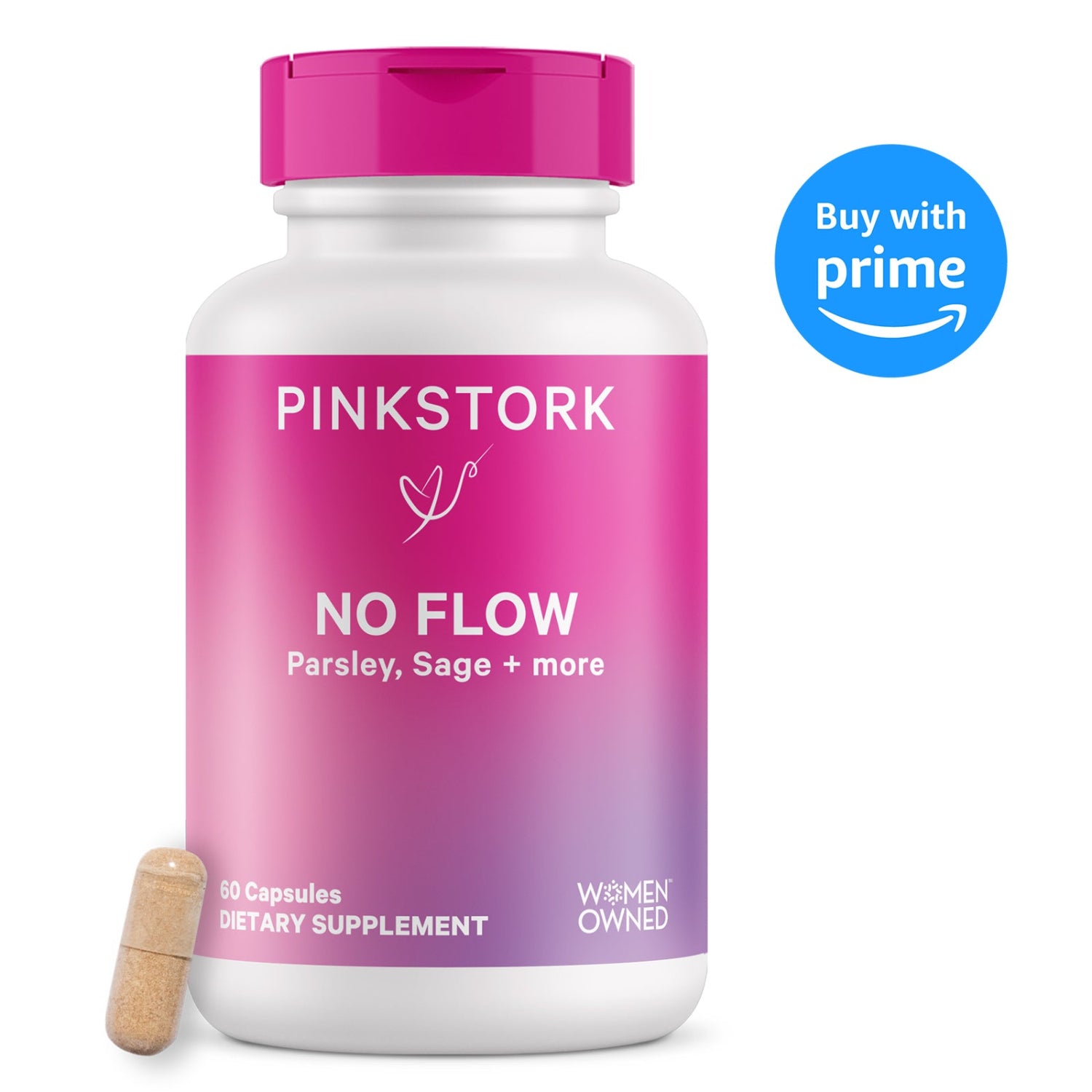 Pink Stork 'No Flow' dietary supplement bottle with pink cap on a white background