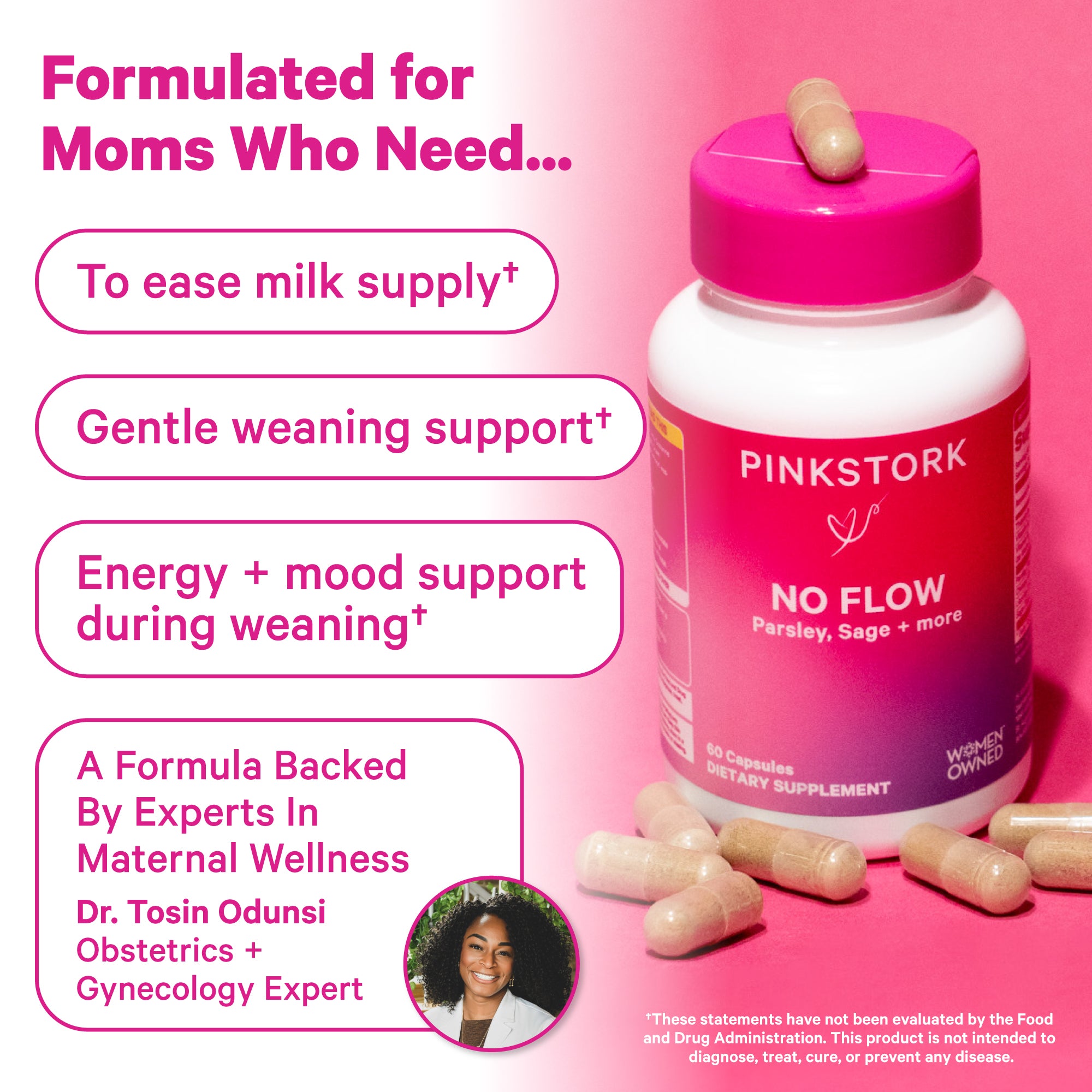 Pink Stork No Flow supplement bottle on a pink background with text.