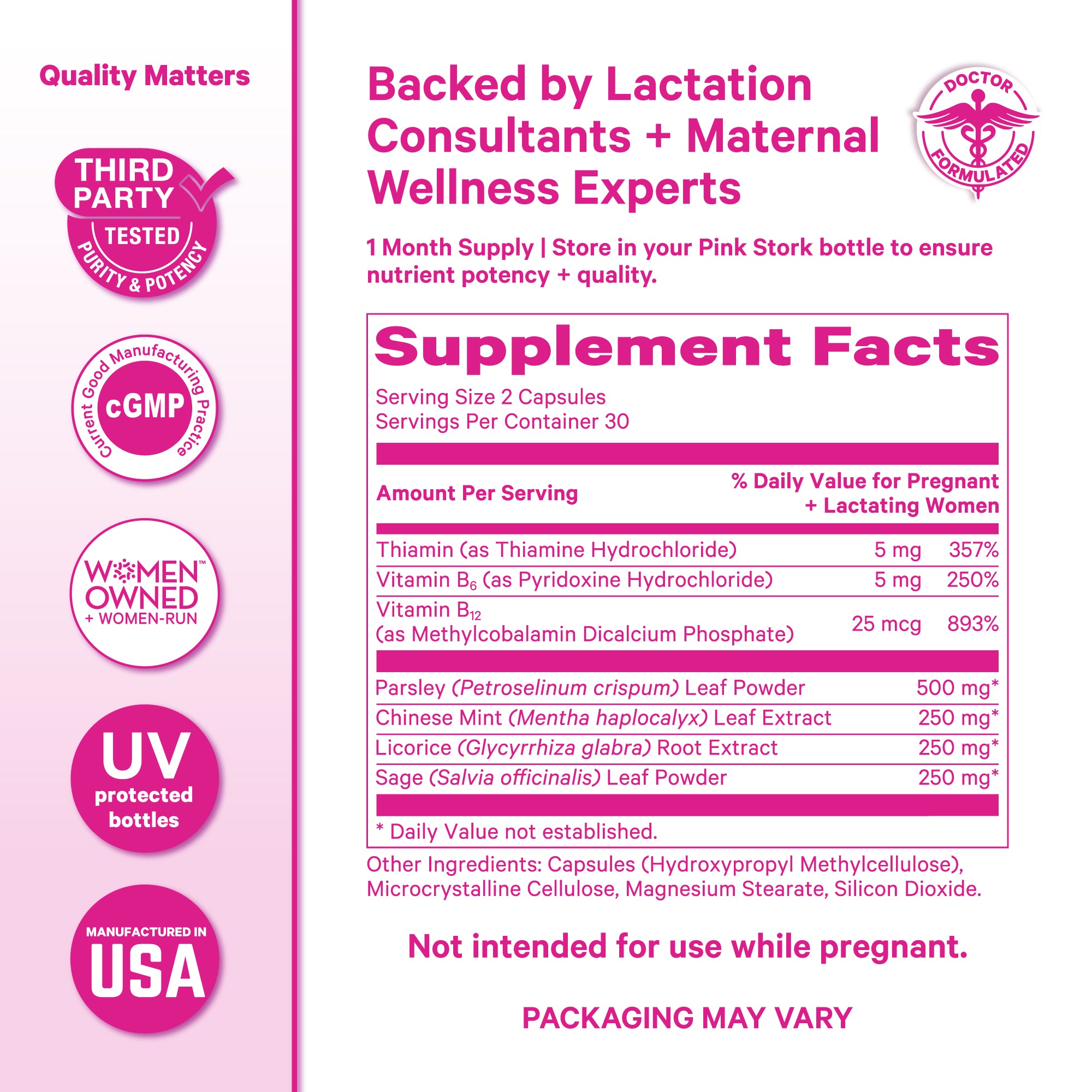 Supplement Facts label for Pink Stork No Flow showing ingredients, dosage, and manufacturing quality icons.