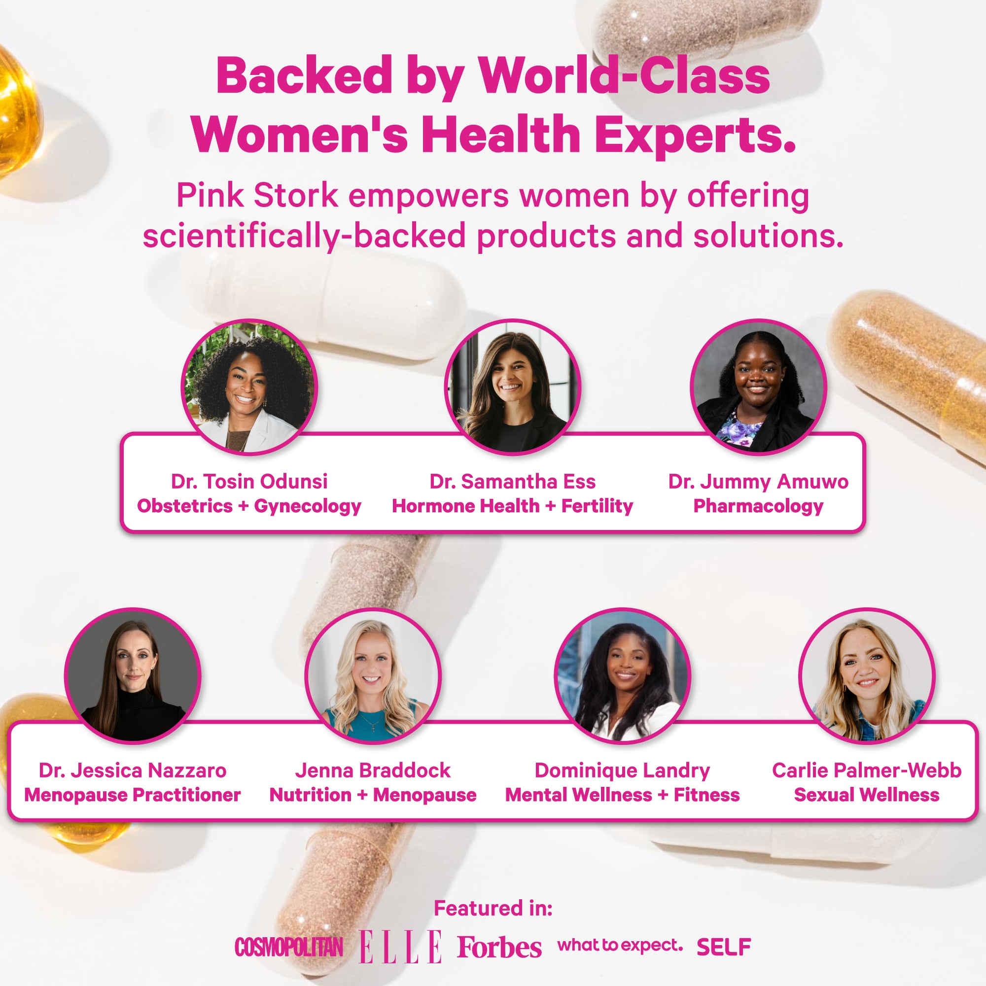 Headshots of women’s health experts with titles, showing Pink Stork is supported by medical professionals and featured in major publications.