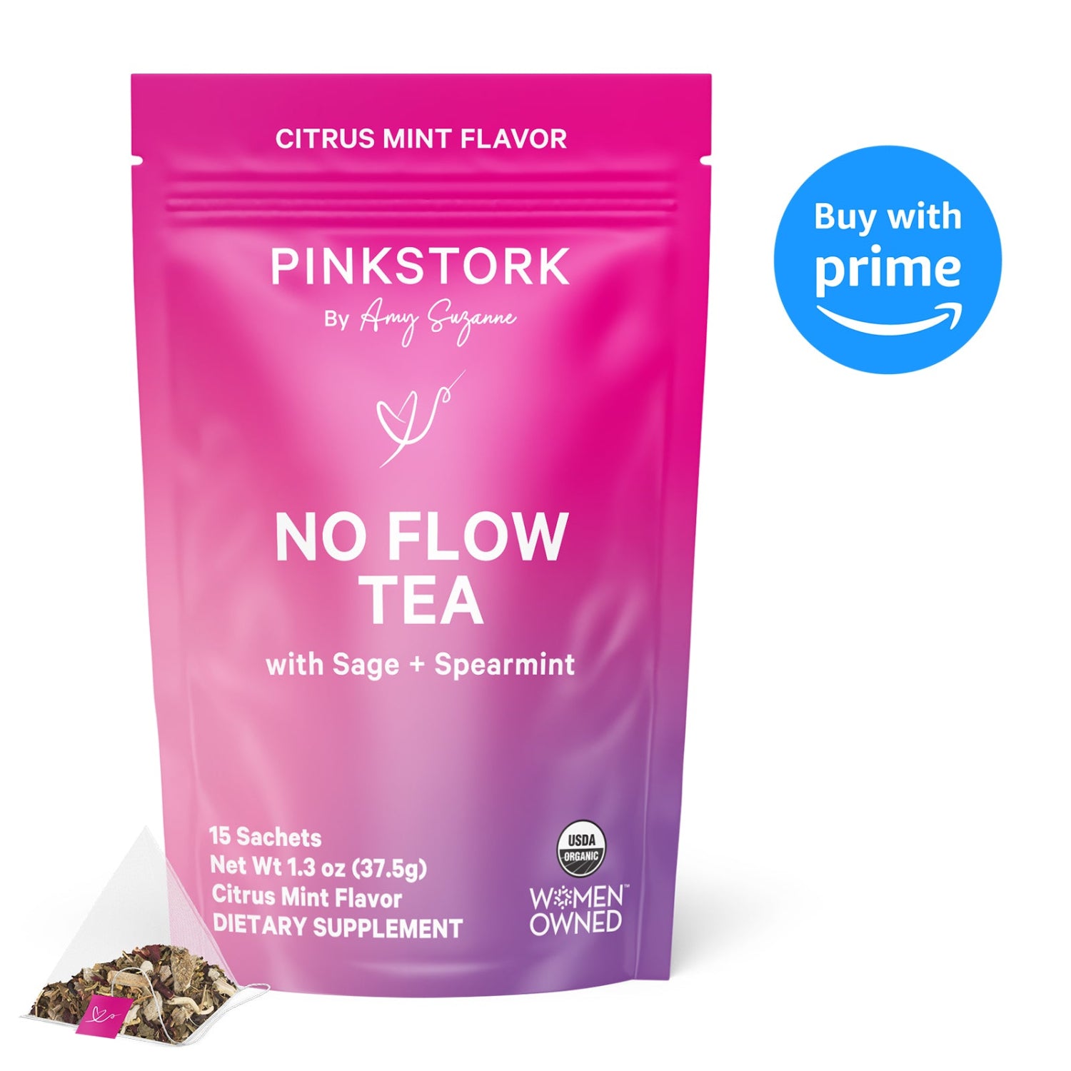 Pink Stork No Flow Tea package with 'Buy with Prime' badge on a white background