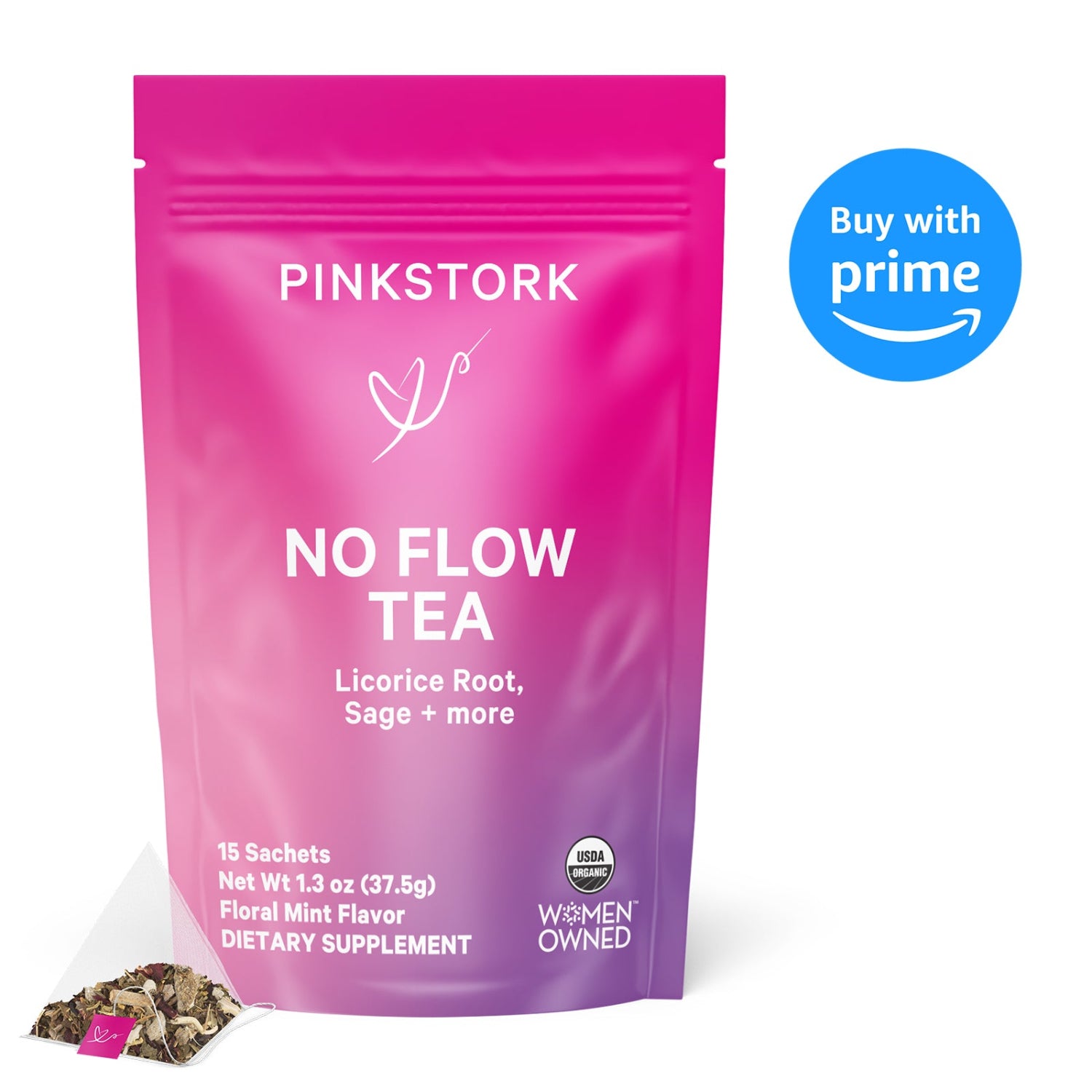Pink Stork No Flow Tea package with Amazon Prime buy button on a white background