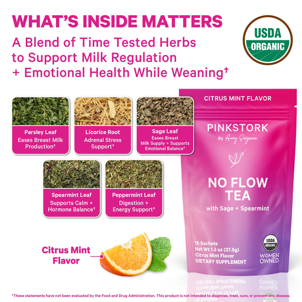 Pink Stork No Flow Tea package with herbs and USDA Organic label on a white background