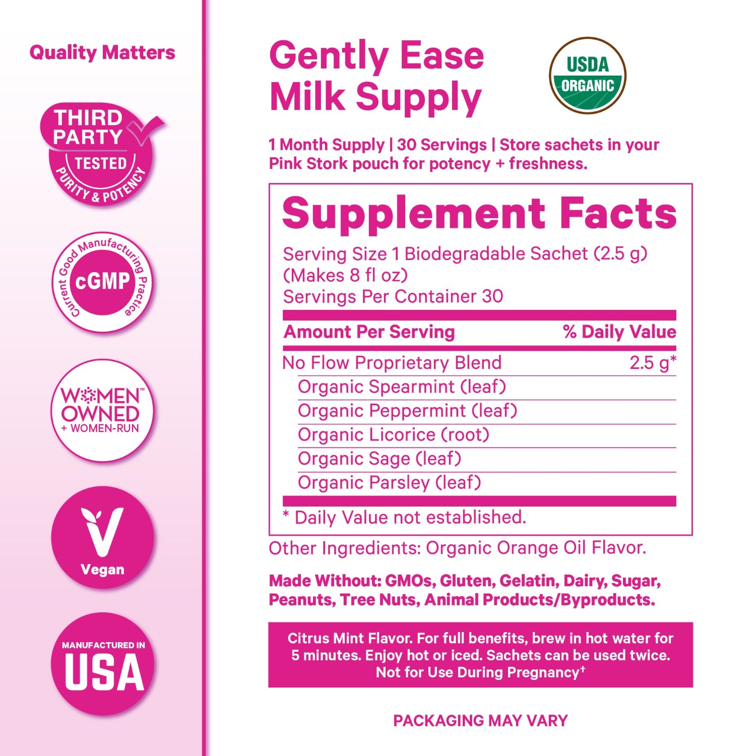 Supplement facts label for Gently Ease Milk Supply with USDA Organic logo and various certification badges on a pink background.