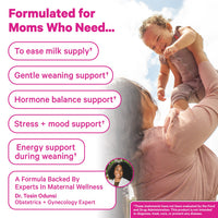 Woman holding a child with text about product benefits for moms, featuring Dr. Tosin Odunsi.