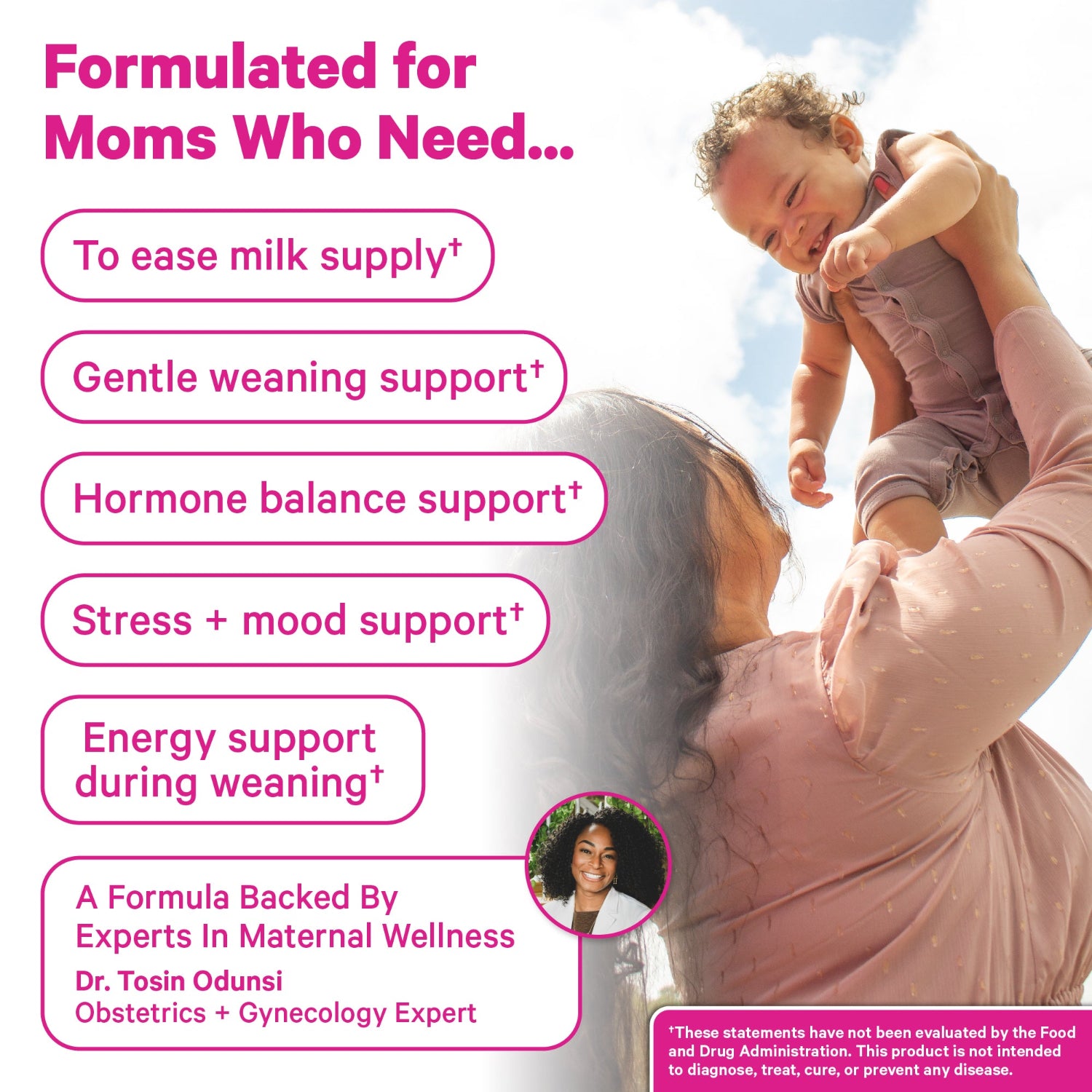 Woman holding a child with text about product benefits for moms, featuring Dr. Tosin Odunsi.