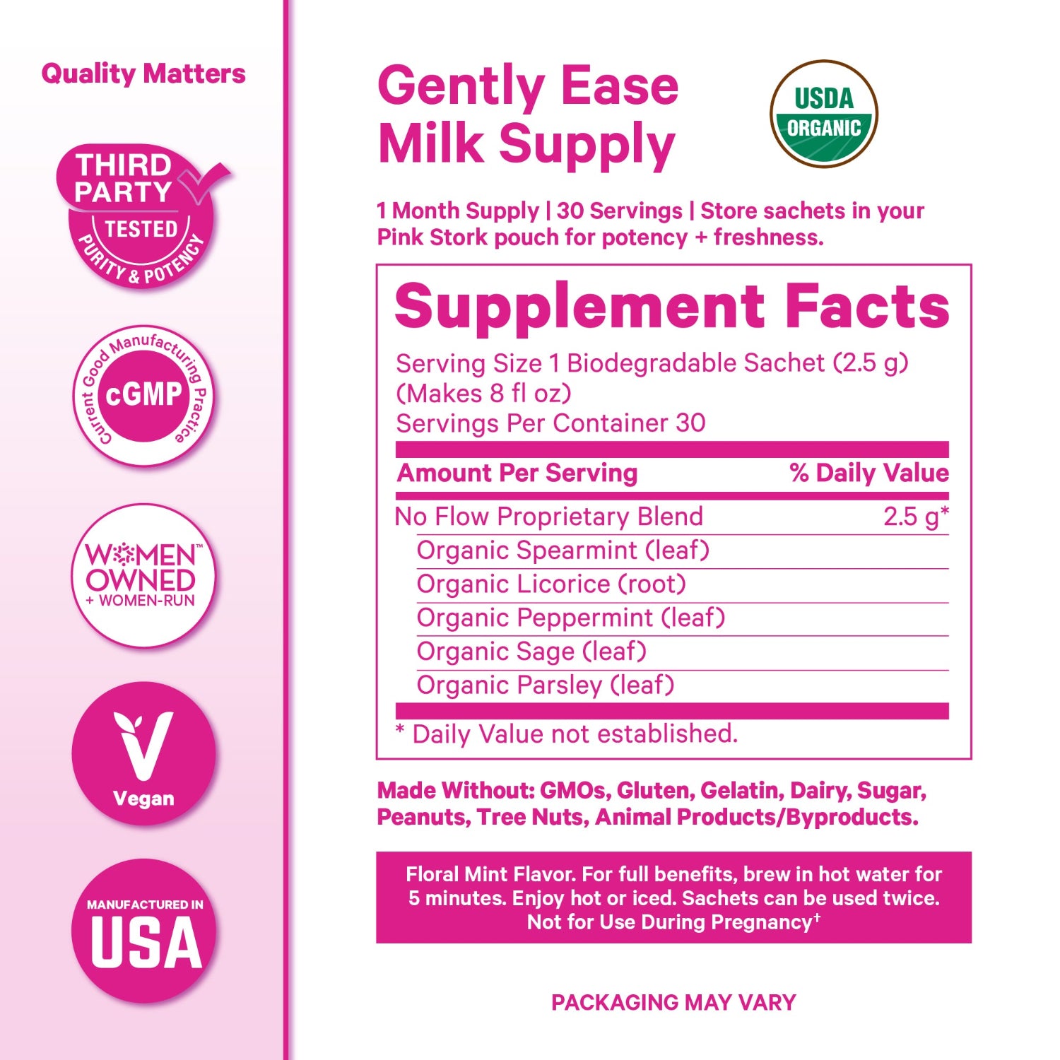 Supplement facts label for Gently Ease Milk Supply with USDA Organic logo on a pink background.