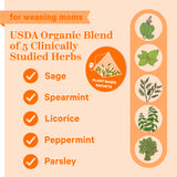 For weaning moms. USDA Organic Blend of 5 Clinically Studied Herbs: Sage, Spearmint, Licorice, Peppermint, and Parsley. Plant-Based Sachets.