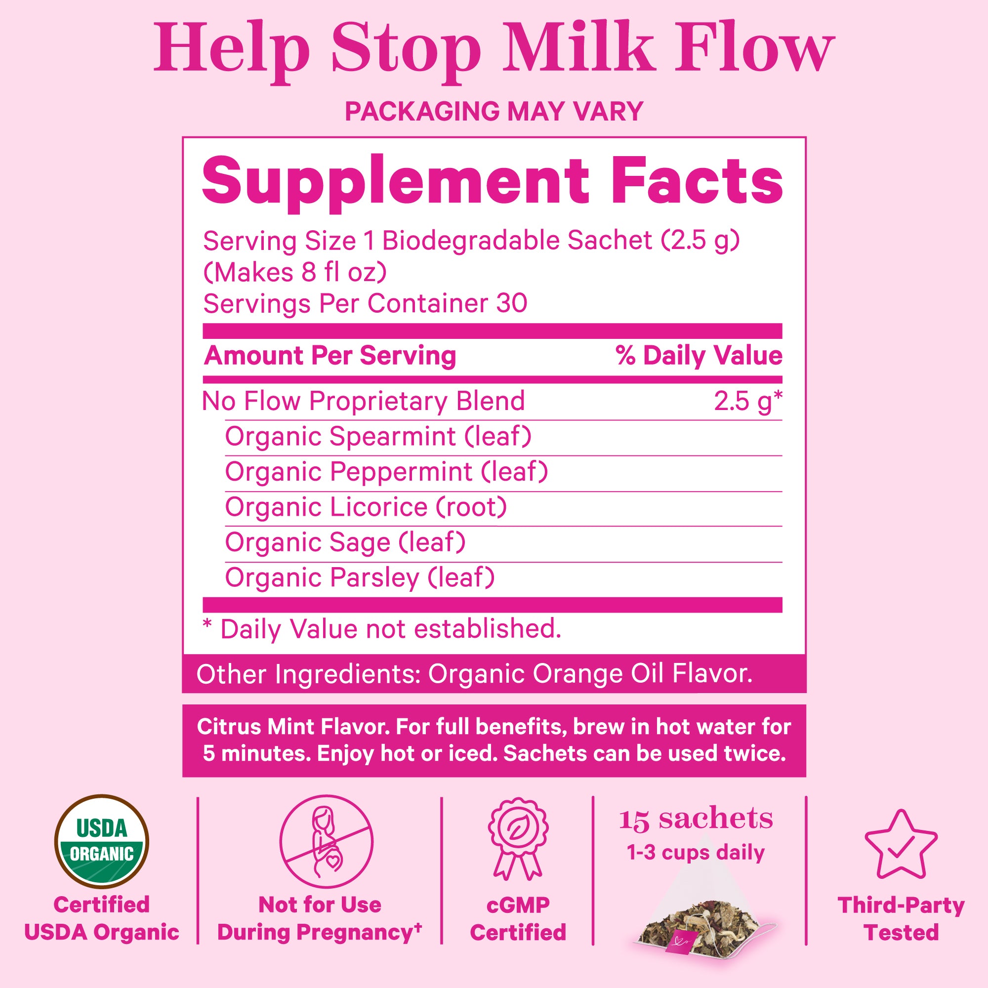 Pink Stork No Flow Tea Citrus Mint supplement facts panel.