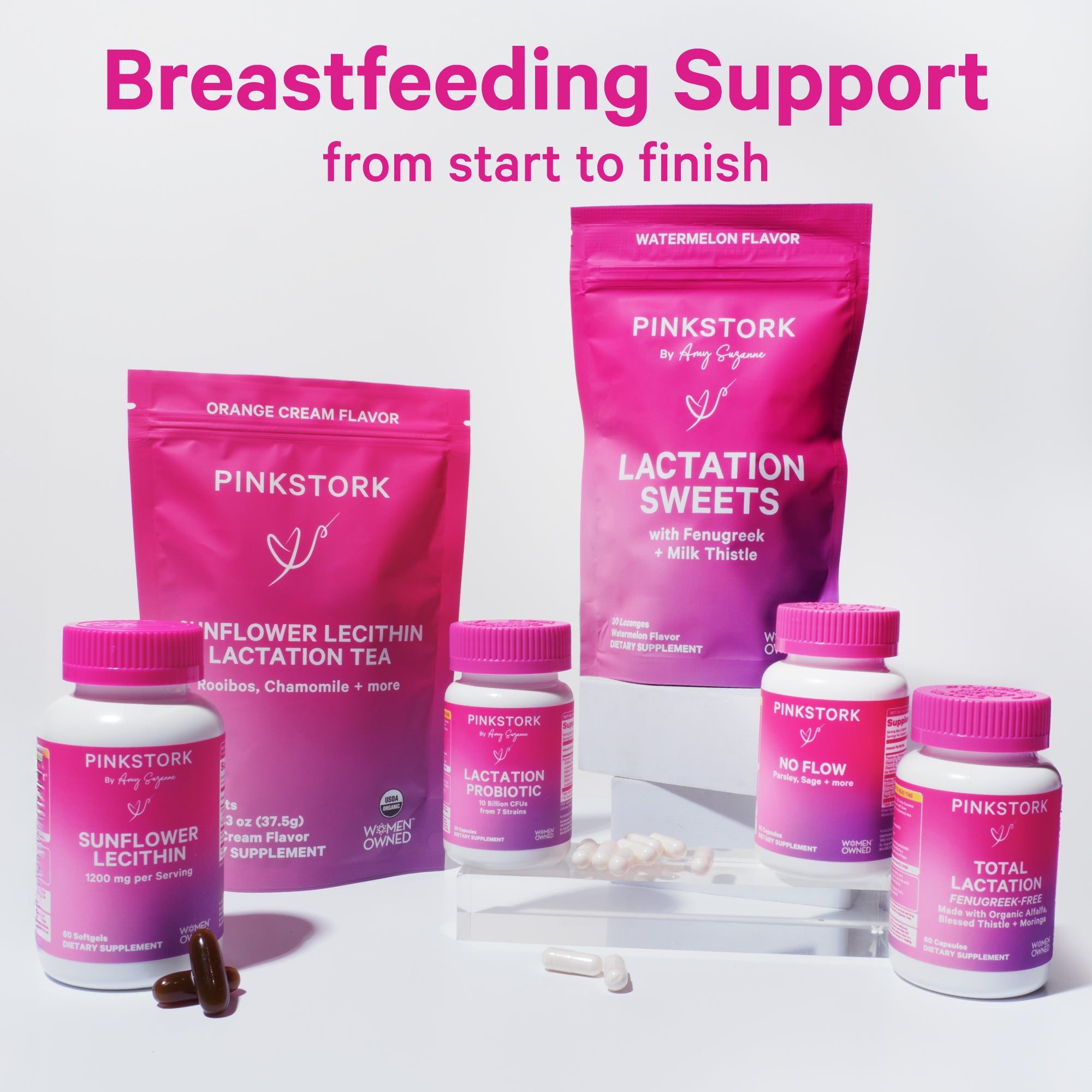 Group of Pink Stork nursing products with capsules surrounding them. Breastfeeding support from start to finish.