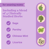 For weaning moms. Including a blend of 4 clinically studied herbs. Sage, Parsley, Chinese Mint, Licorice.