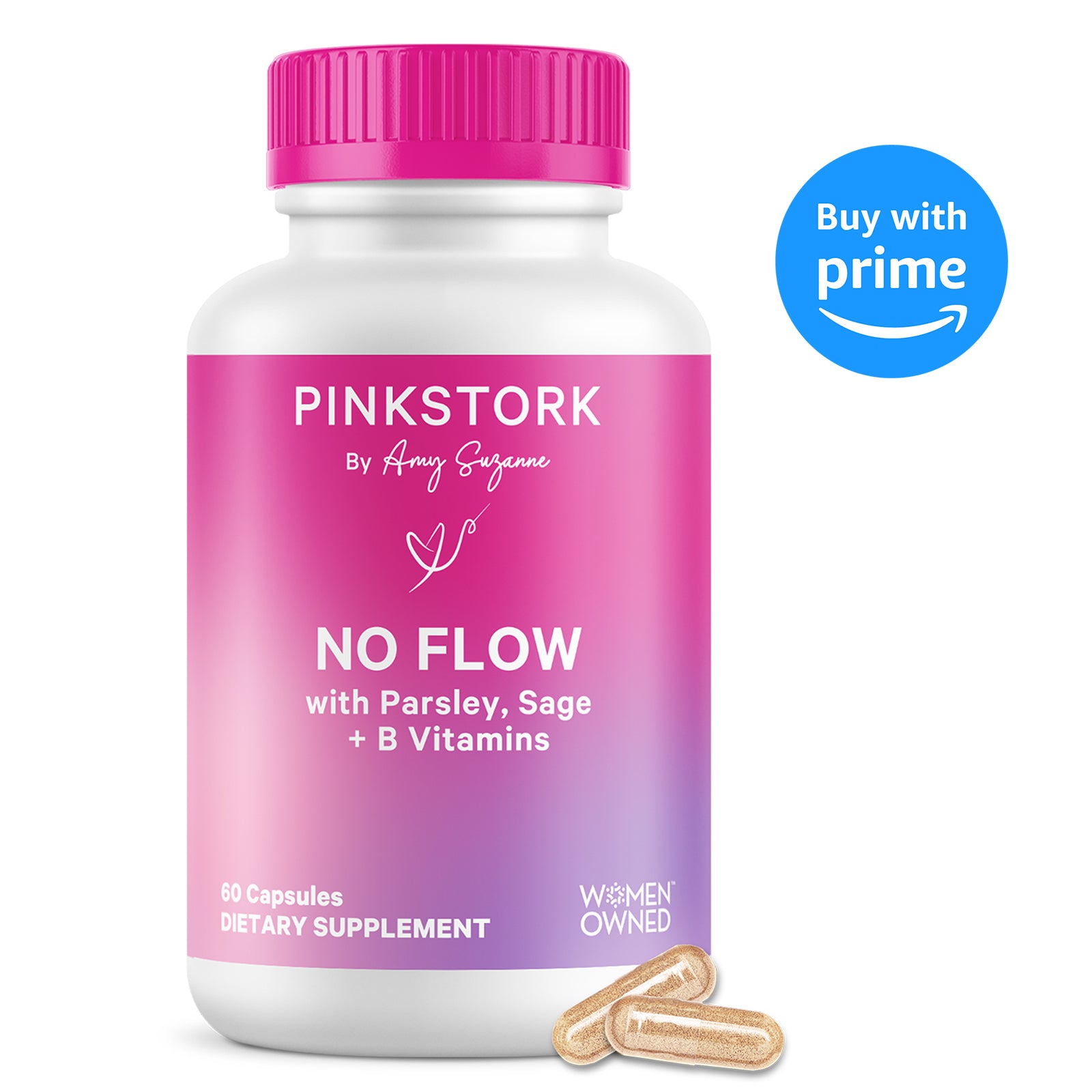 Pink Stork No Flow supplement bottle with capsules shown beside it and a Buy with Prime badge.