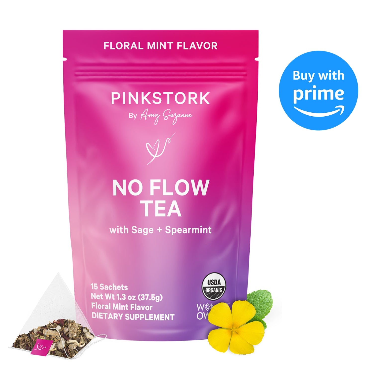 Pink Stork No Flow Tea package with floral and mint elements on a white background