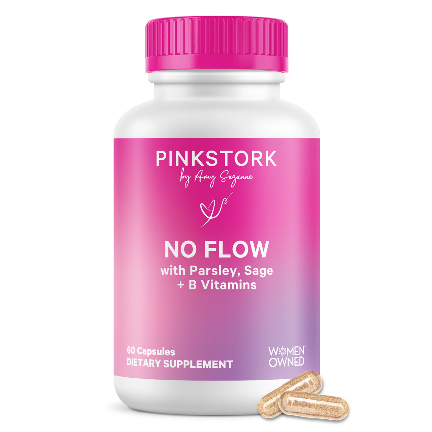 Pink Stork 'No Flow' dietary supplement bottle with pink cap on a white background