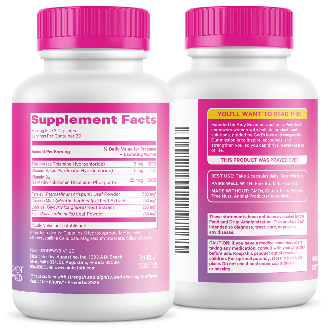 Two supplement bottles with pink caps and labels on a white background