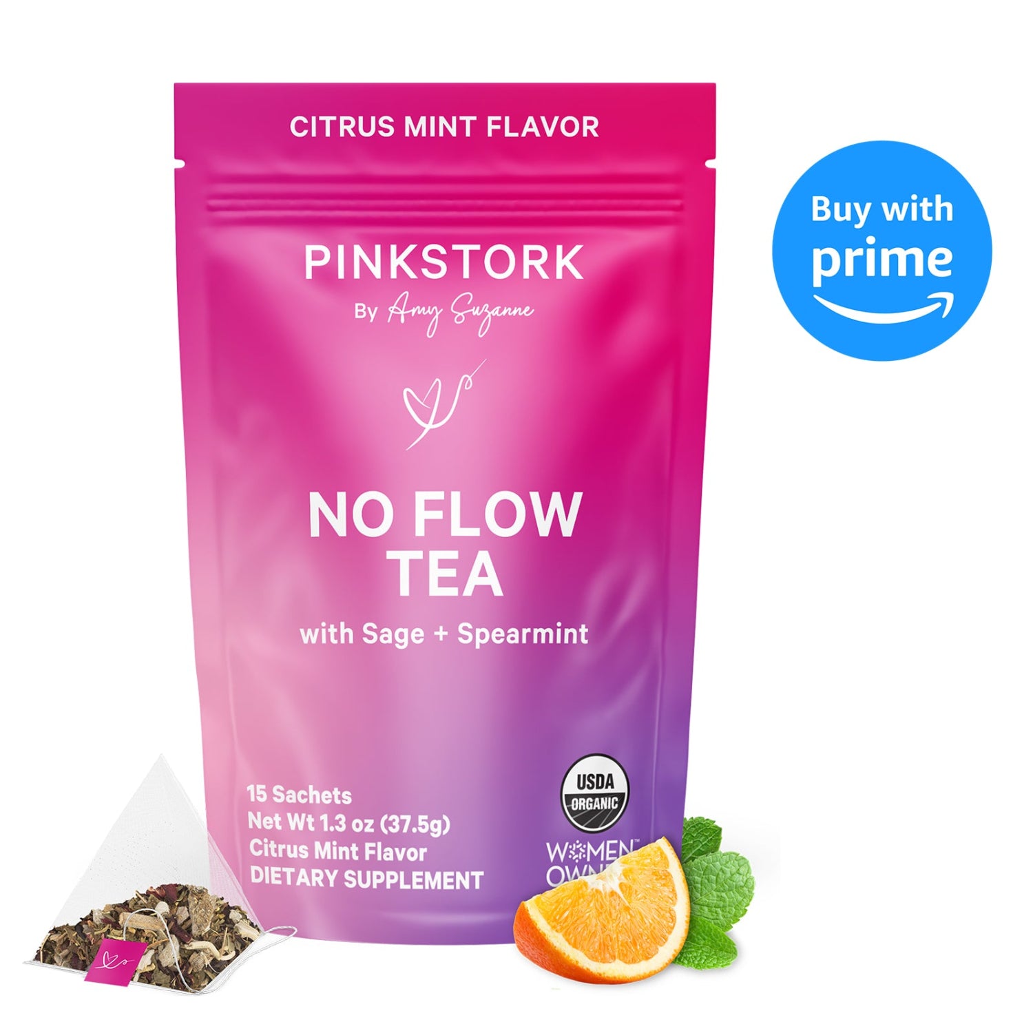 Pink Stork No Flow Tea package with citrus mint flavor on a white background