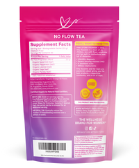 Pink and purple package of 'No Flow Tea' with supplement facts on a white background