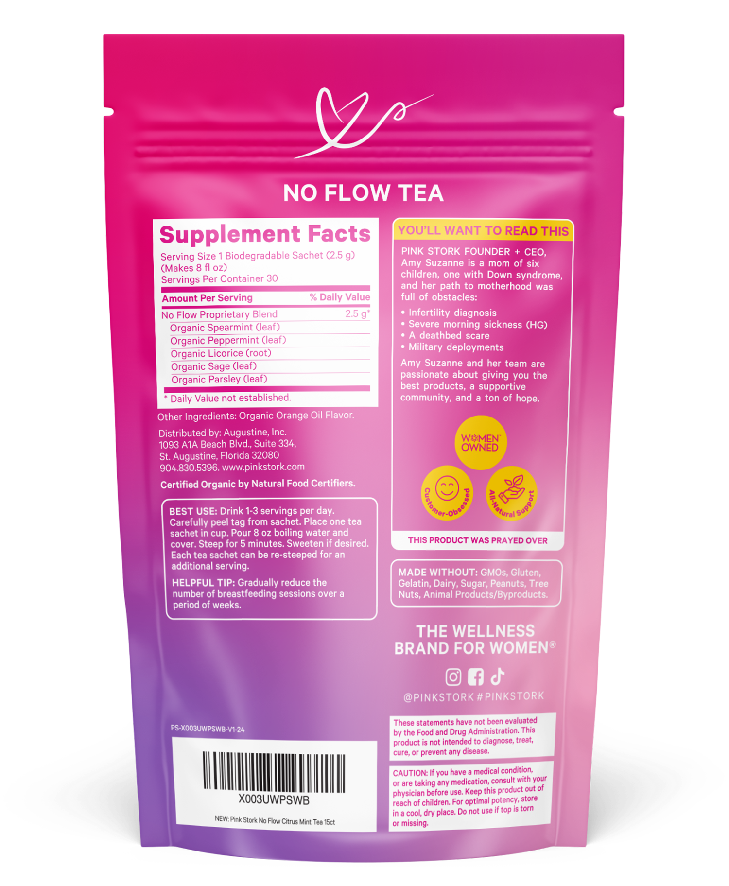 Pink and purple package of 'No Flow Tea' with supplement facts on a white background