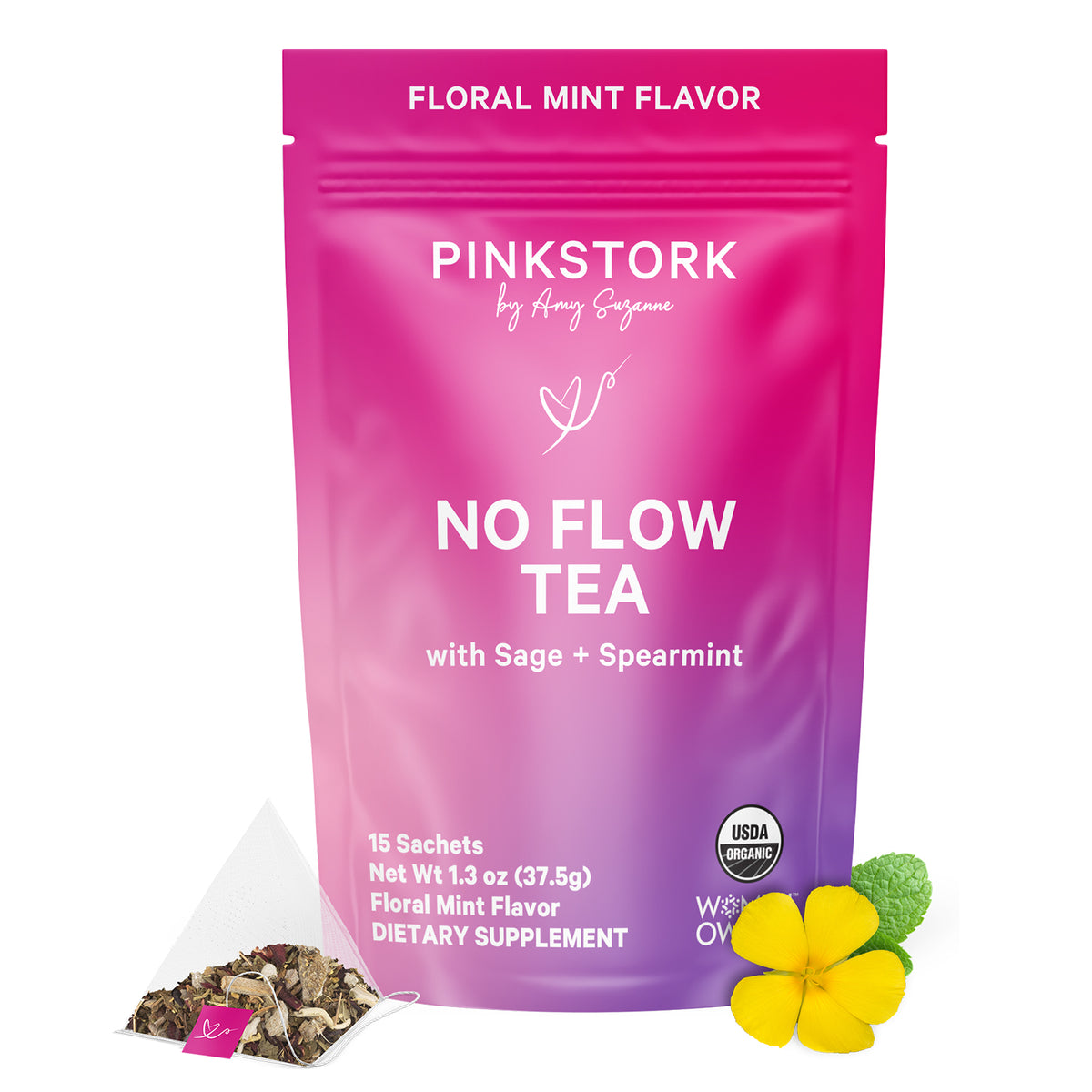 Pink Stork No Flow Tea package with tea bag and flowers on a white background
